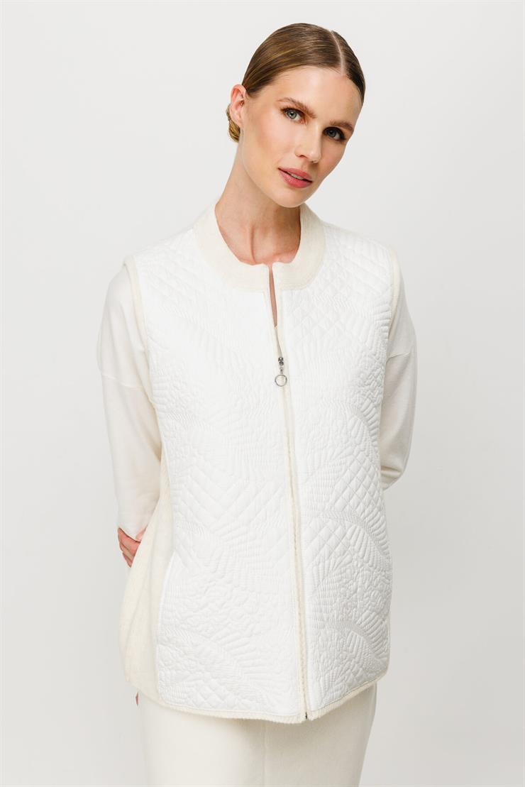 Nakışlı Kapitone Kombinli Triko Yelek-EKRU