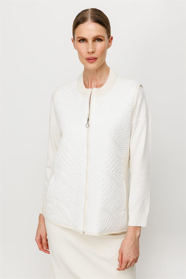 Nakışlı Kapitone Kombinli Triko Yelek-EKRU