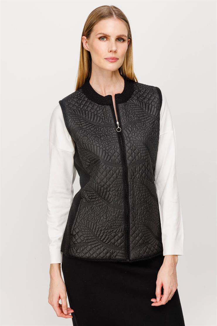 Nakışlı Kapitone Kombinli Triko Yelek-SİYAH
