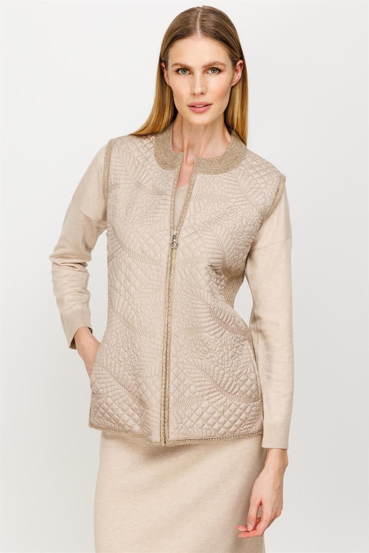 Nakışlı Kapitone Kombinli Triko Yelek-VİZON