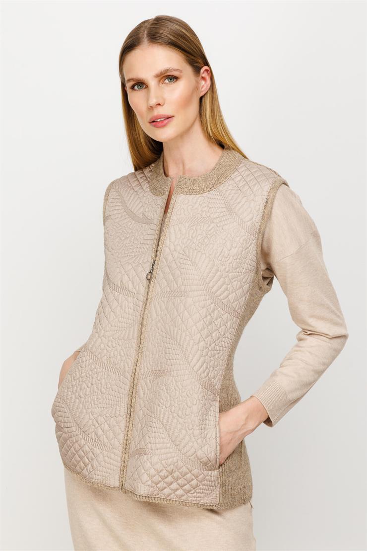 Nakışlı Kapitone Kombinli Triko Yelek-VİZON