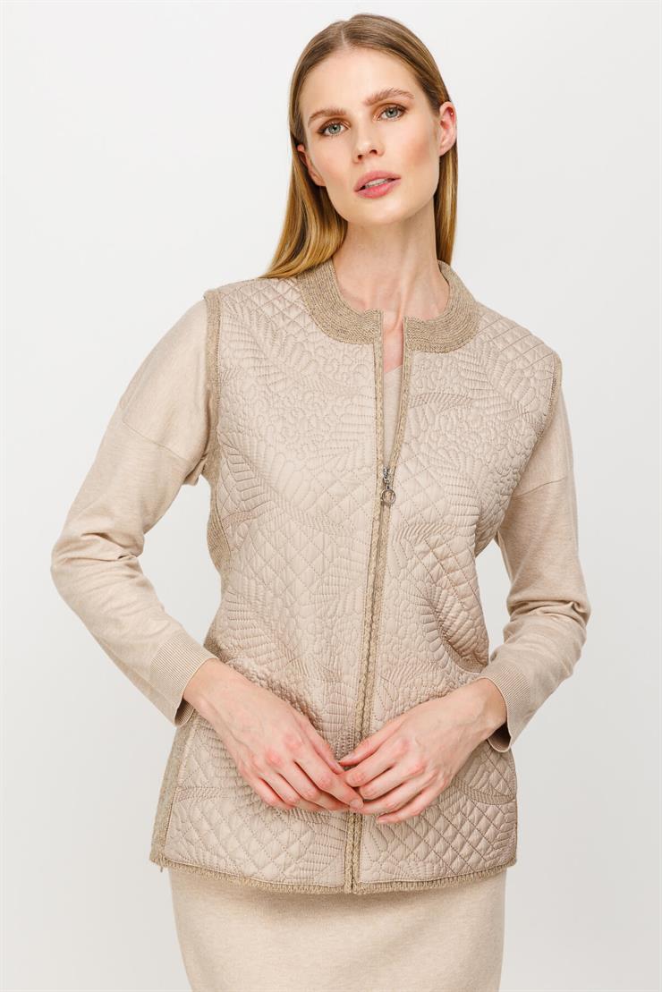 Nakışlı Kapitone Kombinli Triko Yelek-VİZON