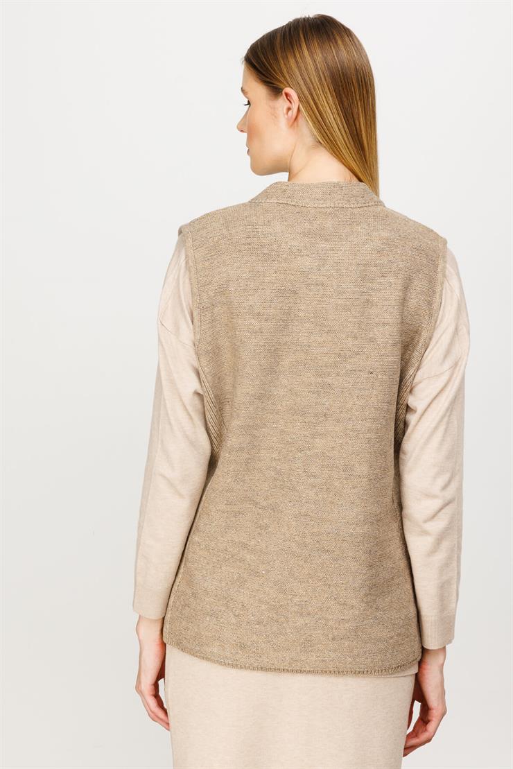 Nakışlı Kapitone Kombinli Triko Yelek-VİZON