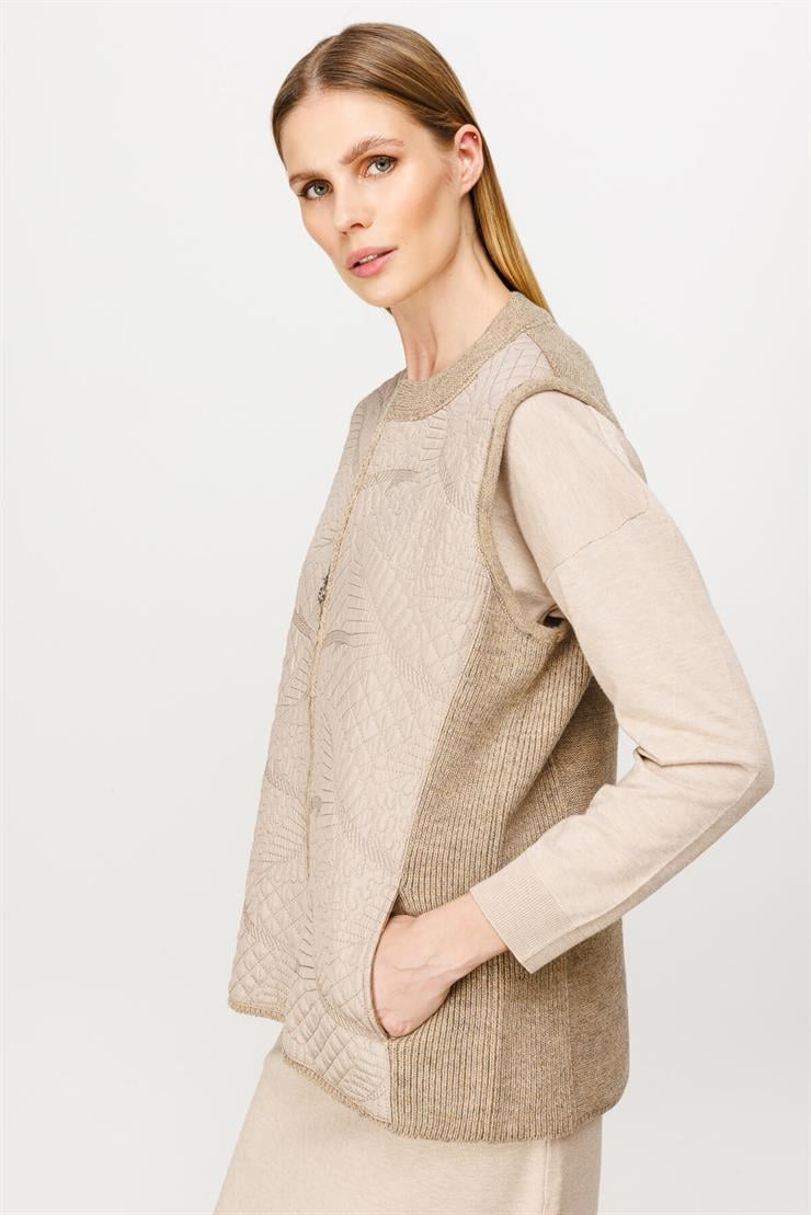 Nakışlı Kapitone Kombinli Triko Yelek-VİZON