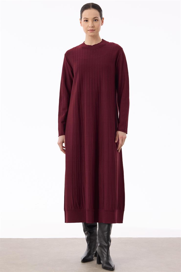 Nervür Detaylı Rayon Elbise BORDO