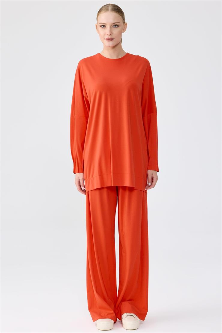 Nervür Detaylı Tunik Pantolon Takım KIRMIZI