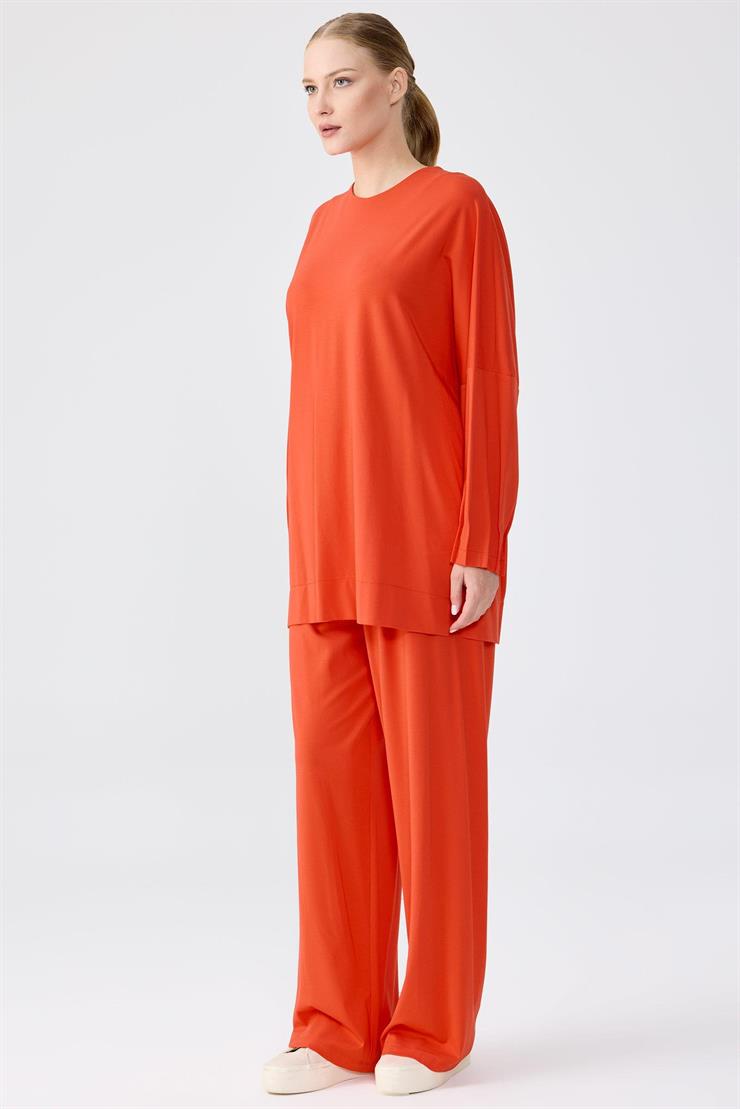 Nervür Detaylı Tunik Pantolon Takım KIRMIZI