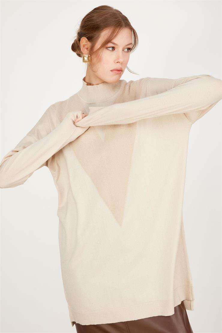 ÖNÜ V MİNK DETAYLI TRİKO TUNİK BEJ