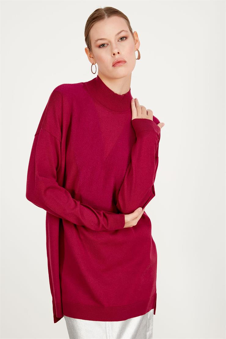 ÖNÜ V MİNK DETAYLI TRİKO TUNİK FUŞYA