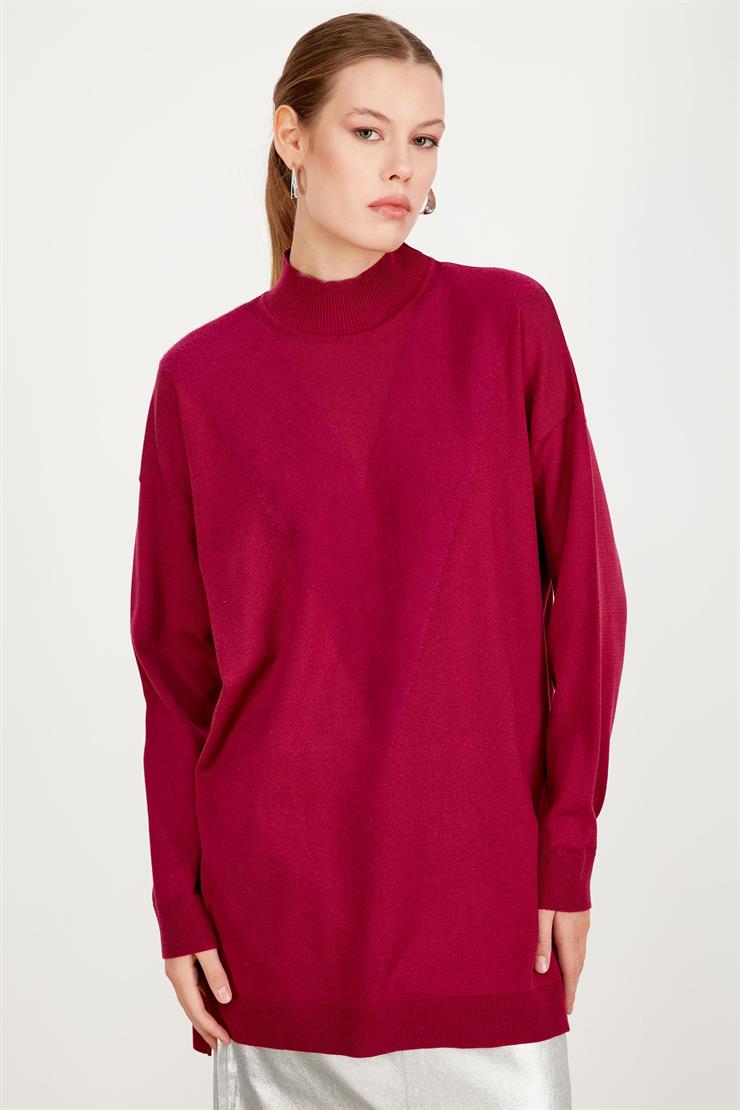 ÖNÜ V MİNK DETAYLI TRİKO TUNİK FUŞYA