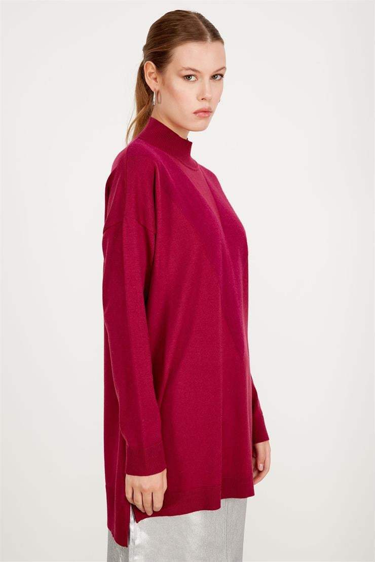 ÖNÜ V MİNK DETAYLI TRİKO TUNİK FUŞYA