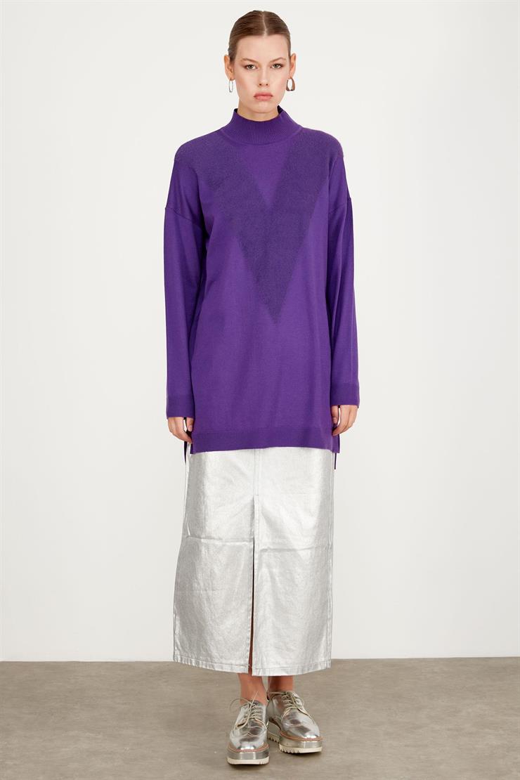 ÖNÜ V MİNK DETAYLI TRİKO TUNİK MOR