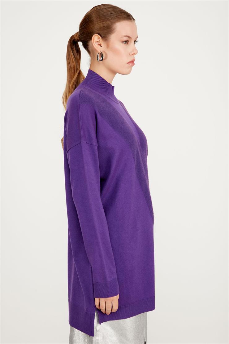 ÖNÜ V MİNK DETAYLI TRİKO TUNİK MOR