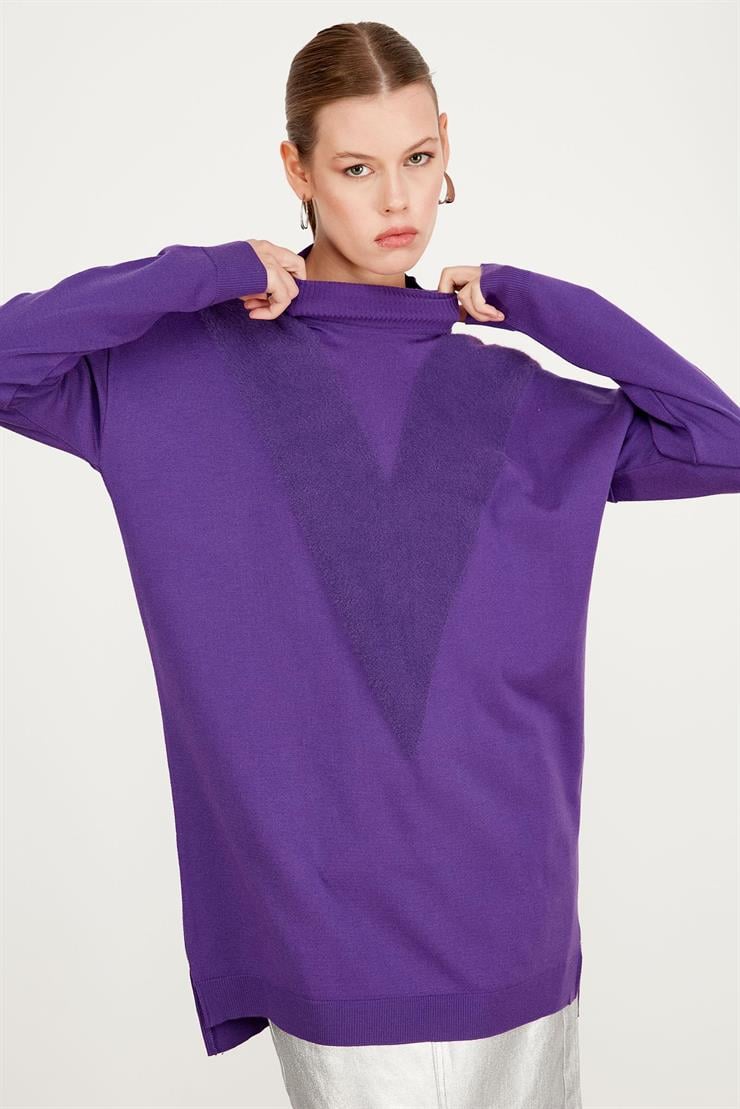 ÖNÜ V MİNK DETAYLI TRİKO TUNİK MOR