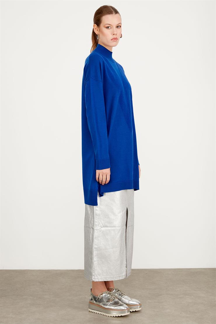 ÖNÜ V MİNK DETAYLI TRİKO TUNİK SAKS