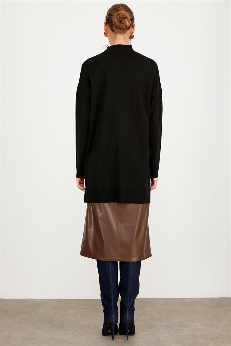 ÖNÜ V MİNK DETAYLI TRİKO TUNİK SİYAH