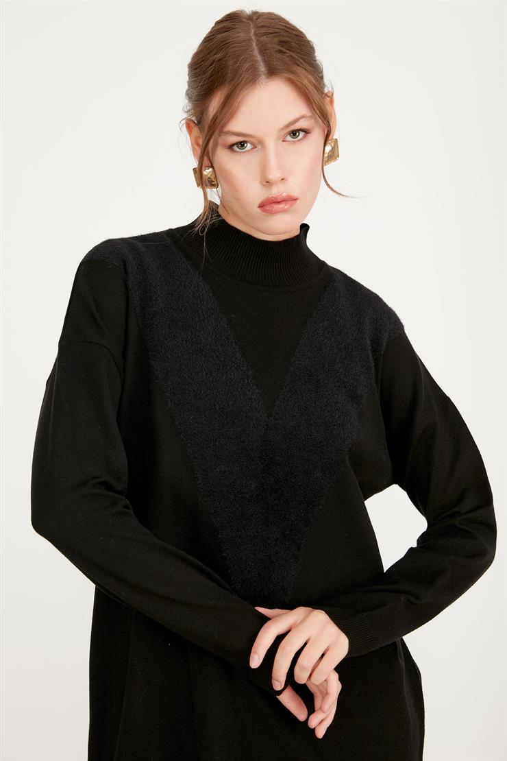 ÖNÜ V MİNK DETAYLI TRİKO TUNİK SİYAH