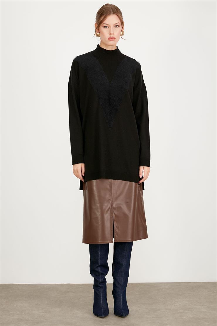 ÖNÜ V MİNK DETAYLI TRİKO TUNİK SİYAH