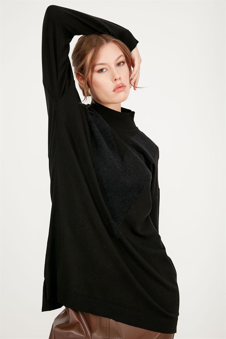 ÖNÜ V MİNK DETAYLI TRİKO TUNİK SİYAH