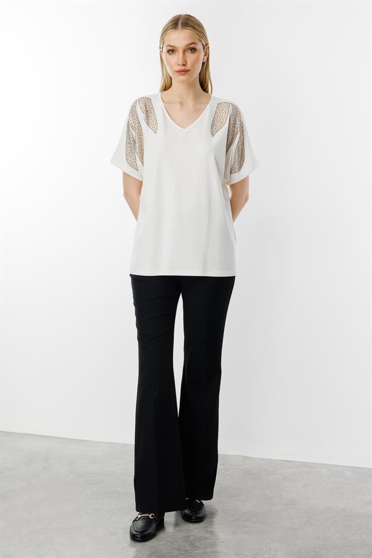 Omuz Taşlı Kısa Kollu Bluz-EKRU