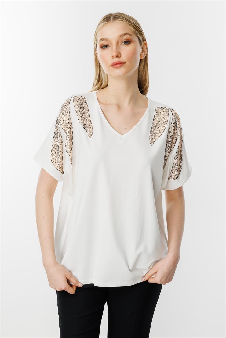 Omuz Taşlı Kısa Kollu Bluz-EKRU