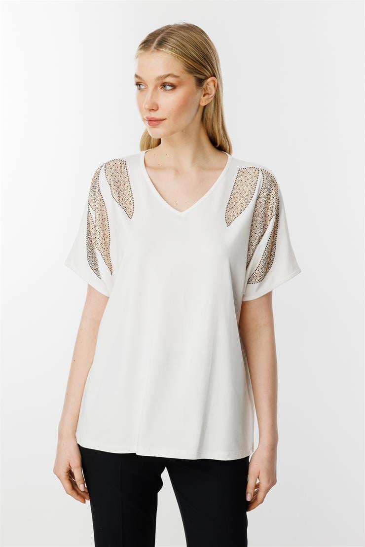 Omuz Taşlı Kısa Kollu Bluz-EKRU