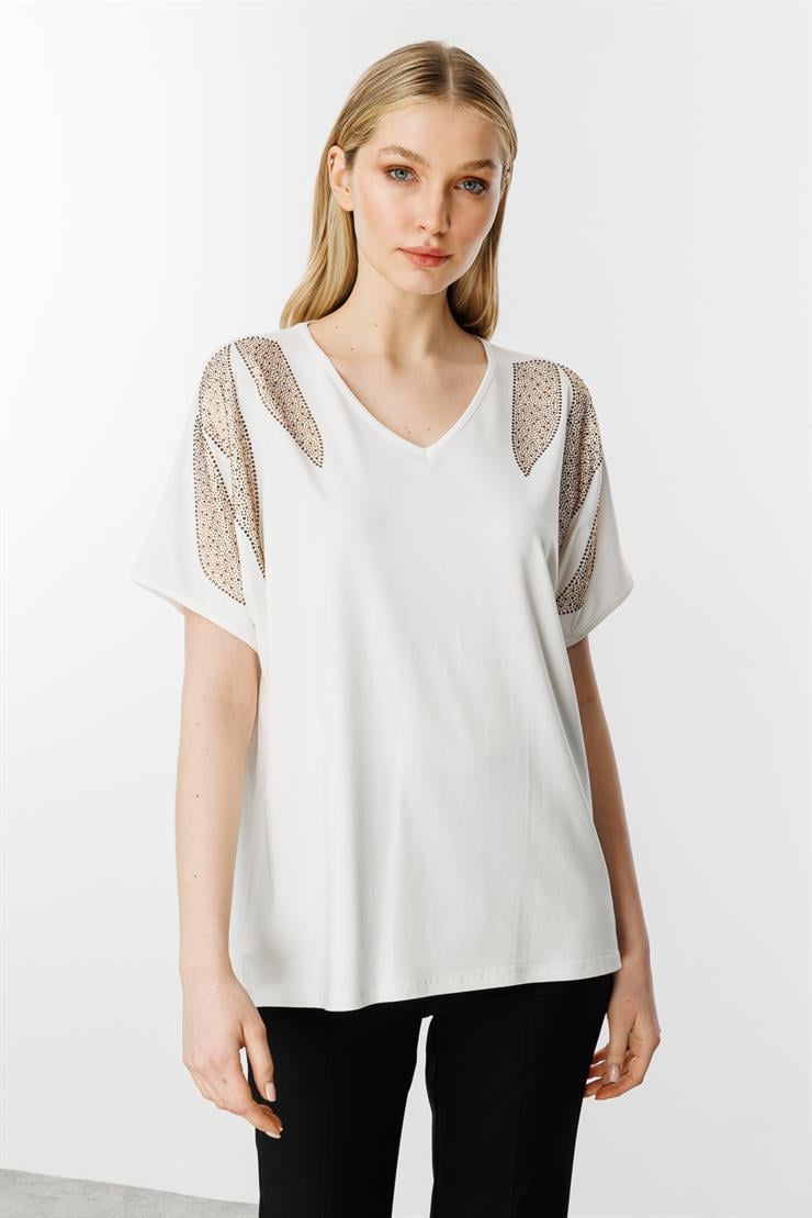 Omuz Taşlı Kısa Kollu Bluz-EKRU