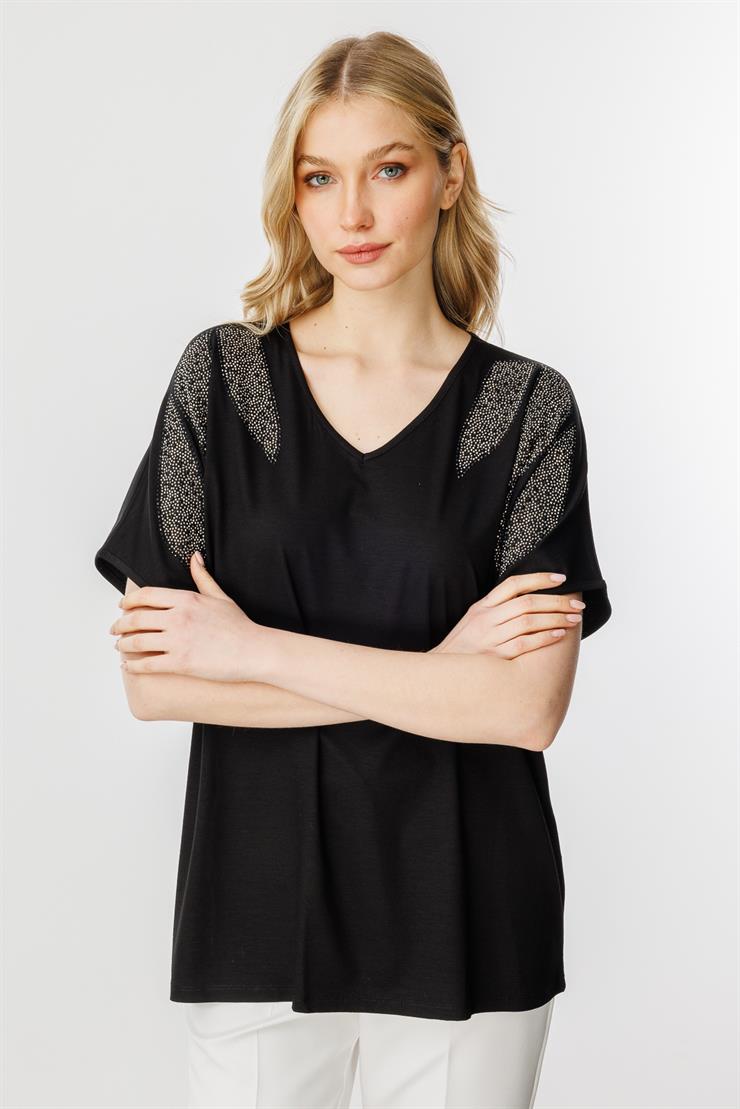 Omuz Taşlı Kısa Kollu Bluz-SİYAH