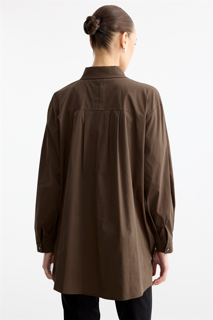 Omuz Ve Kol Ucu Nakışlı Poplin Gömlek KAHVE