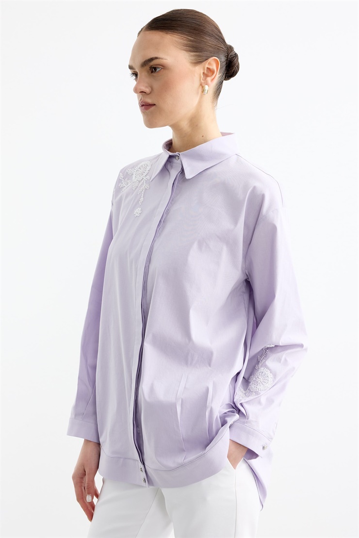 Omuz Ve Kol Ucu Nakışlı Poplin Gömlek LİLA