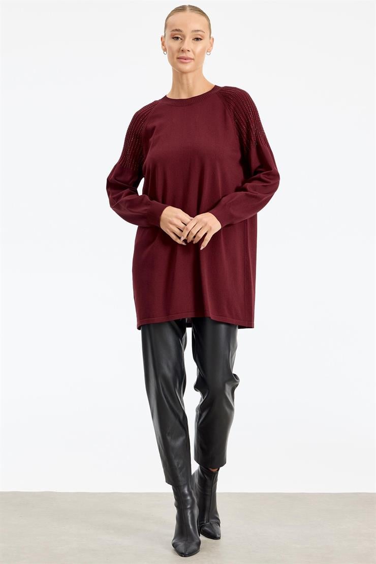Omuzlar Taş Baskılı Rayon Tunik BORDO