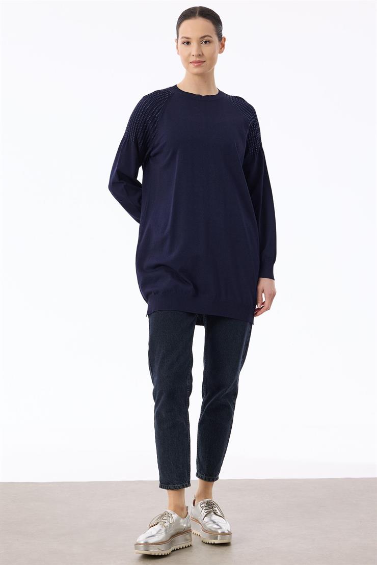 Omuzlar Taş Baskılı Rayon Tunik LACİVERT