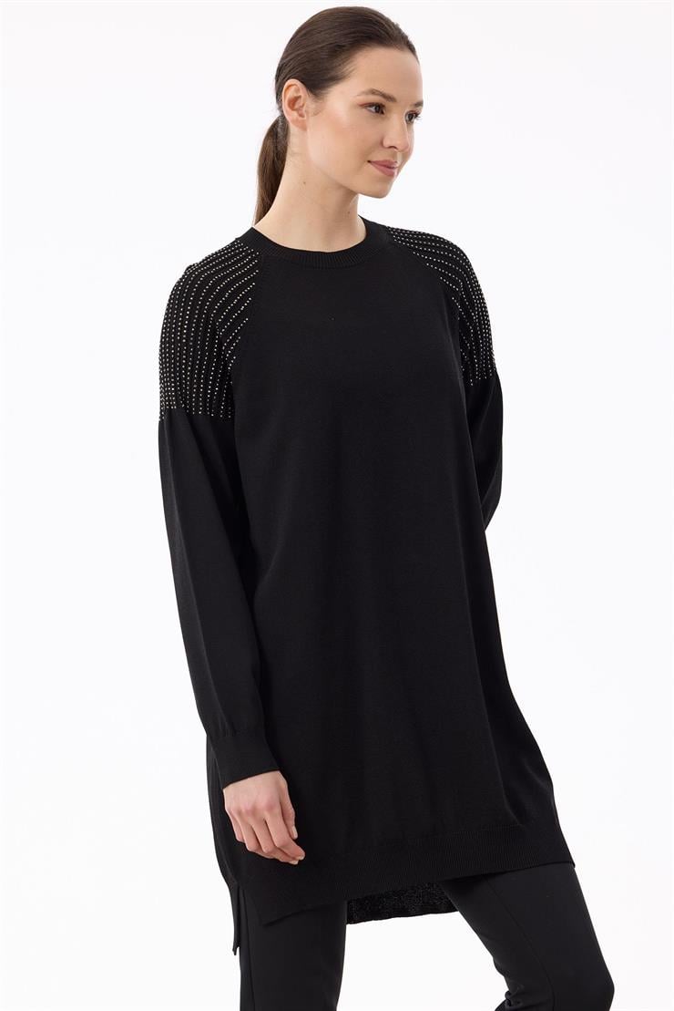 Omuzlar Taş Baskılı Rayon Tunik SİYAH