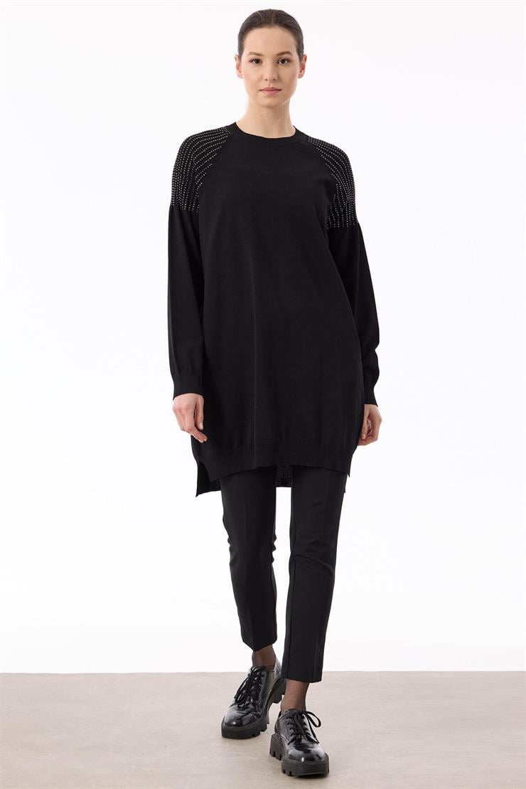 Omuzlar Taş Baskılı Rayon Tunik SİYAH