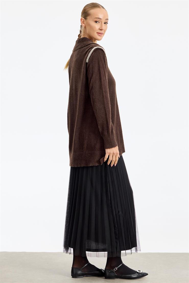 Omuzları Taş Detaylı Tunik KAHVE