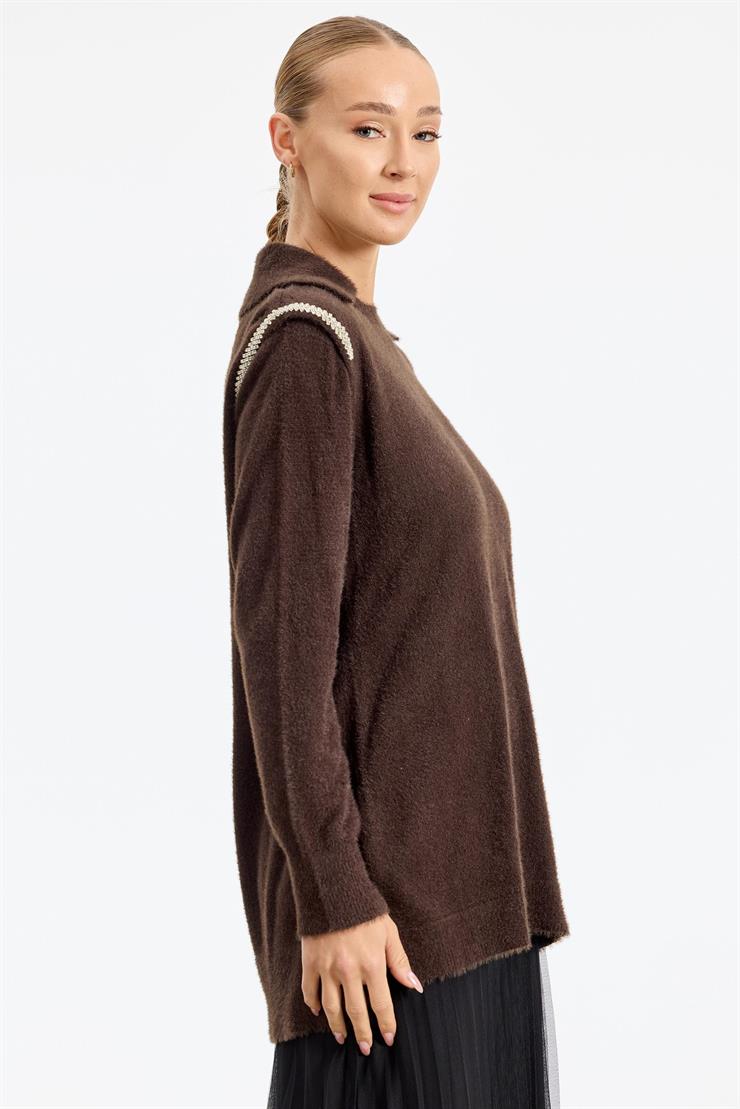 Omuzları Taş Detaylı Tunik KAHVE