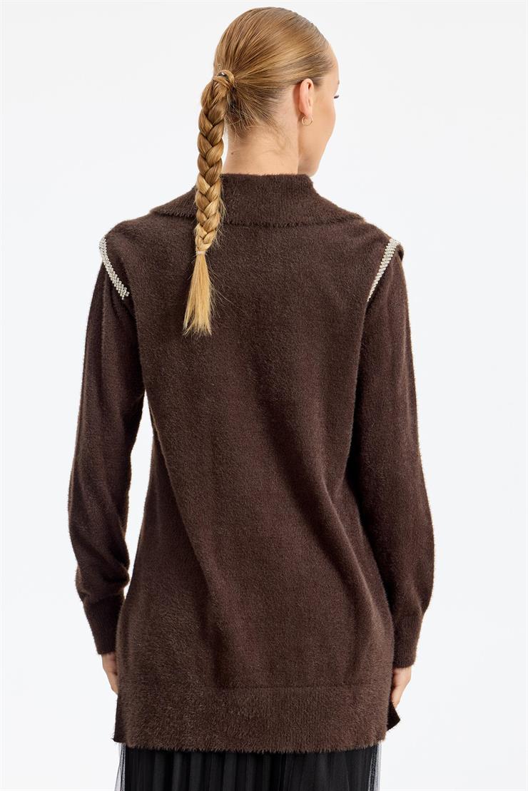 Omuzları Taş Detaylı Tunik KAHVE