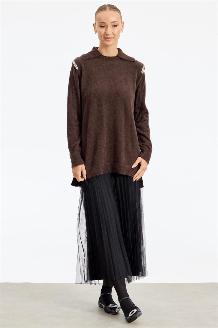 Omuzları Taş Detaylı Tunik KAHVE