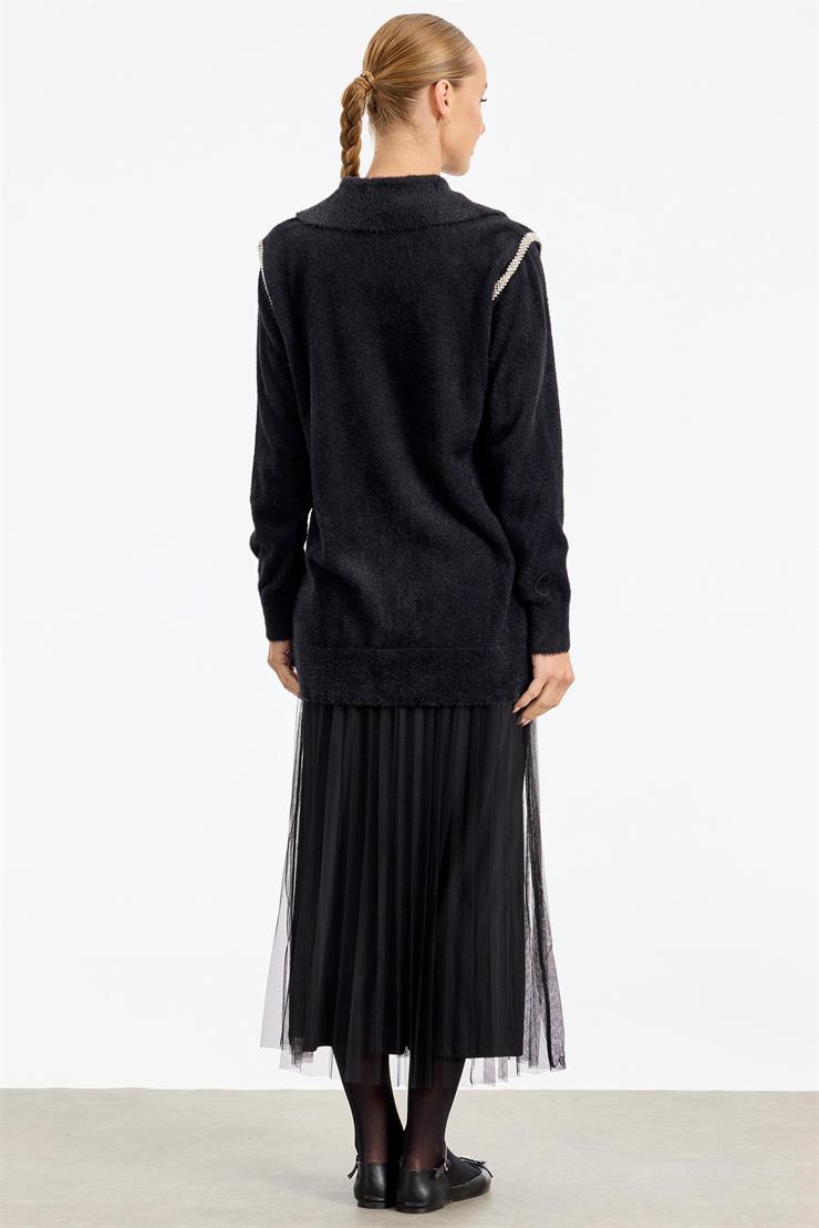 Omuzları Taş Detaylı Tunik SİYAH