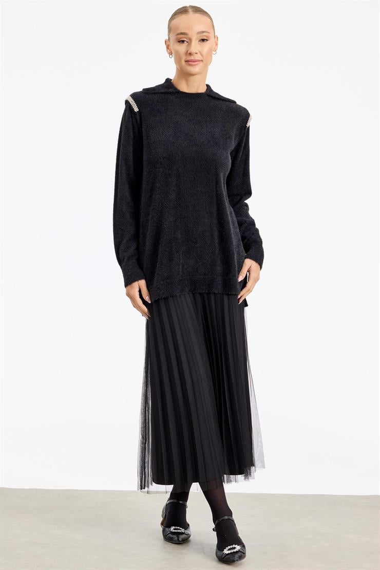 Omuzları Taş Detaylı Tunik SİYAH