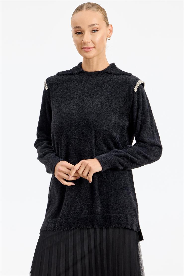 Omuzları Taş Detaylı Tunik SİYAH