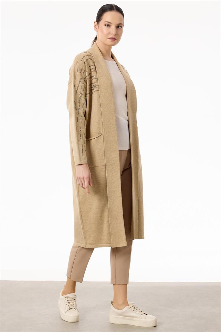 Omuzları Taşlı Şal Yakalı Triko Hırka HAKİ