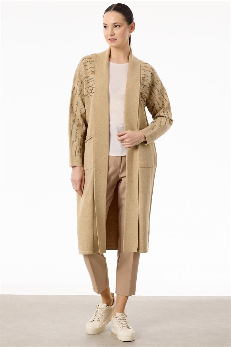 Omuzları Taşlı Şal Yakalı Triko Hırka HAKİ