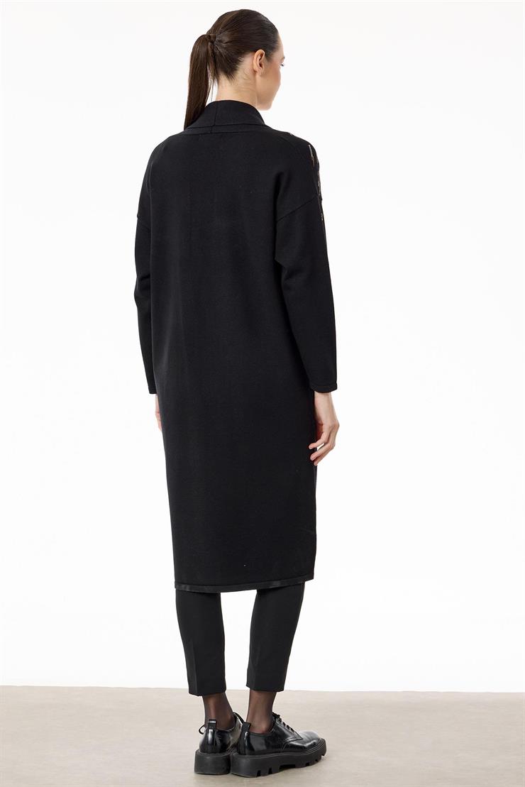 Omuzları Taşlı Şal Yakalı Triko Hırka SİYAH