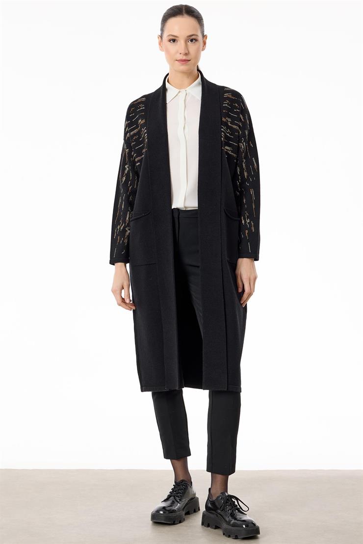 Omuzları Taşlı Şal Yakalı Triko Hırka SİYAH