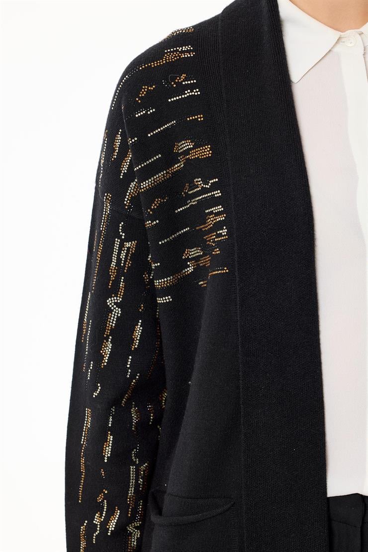 Omuzları Taşlı Şal Yakalı Triko Hırka SİYAH