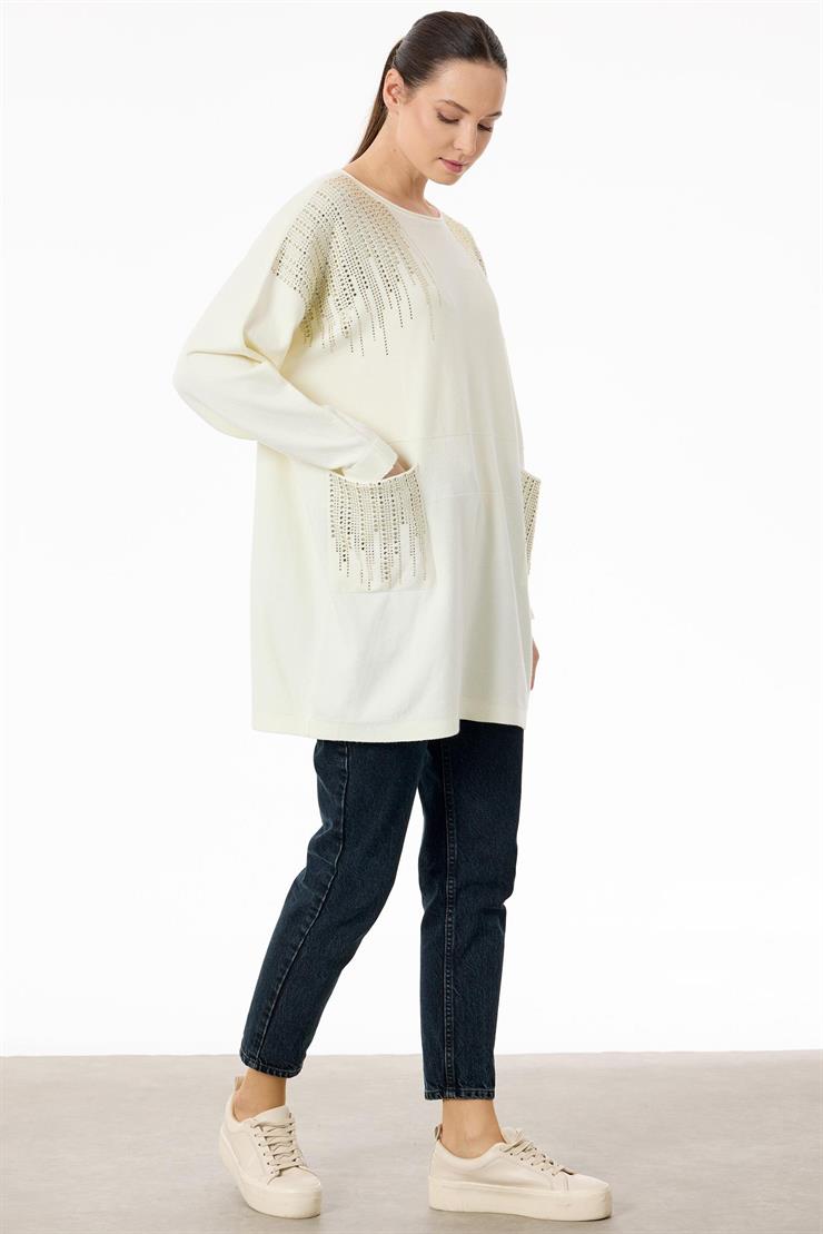 Omuzları ve Cepleri Taşlı Sosis Yakalı triko Tunik EKRU