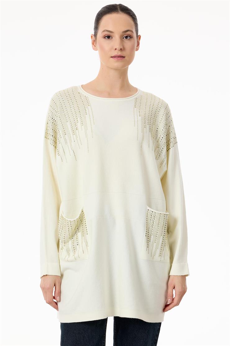 Omuzları ve Cepleri Taşlı Sosis Yakalı triko Tunik EKRU