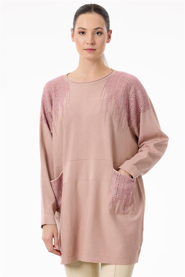 Omuzları ve Cepleri Taşlı Sosis Yakalı triko Tunik PEMBE