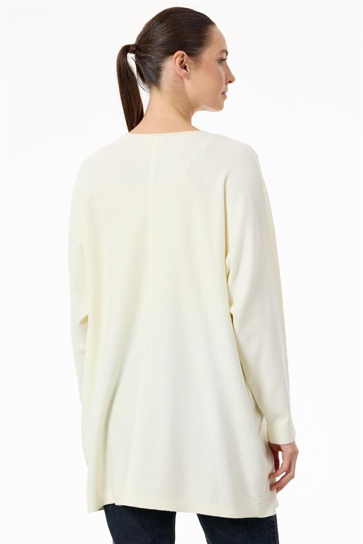 Omuzları ve Cepleri Taşlı Sosis Yakalı triko Tunik EKRU